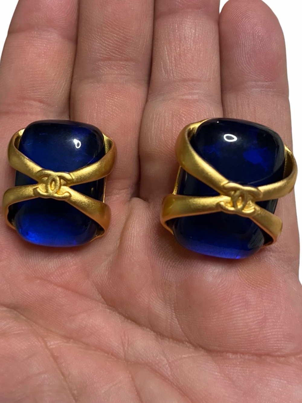 ChaneI Authentic Vintage 94P Cobalt Blue and Gold Tone Timeless Logo Earrings